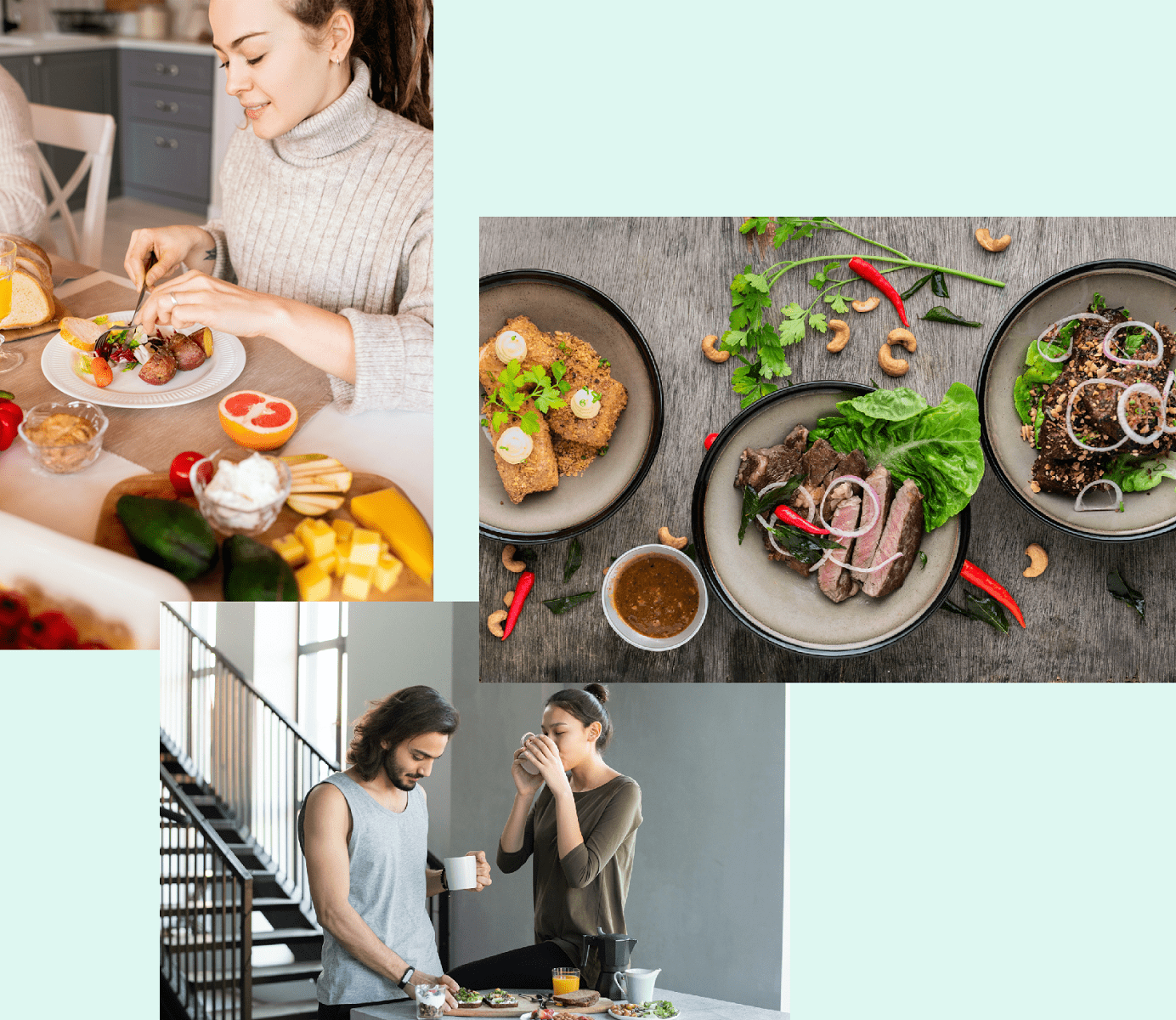 Woman enjoying food, meals in storage container and food bowls on a table